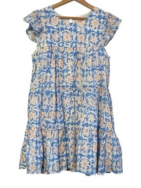 Lovecolette Babydoll Dress Blue Orange Floral Size Small Lined Flutter Sleeves